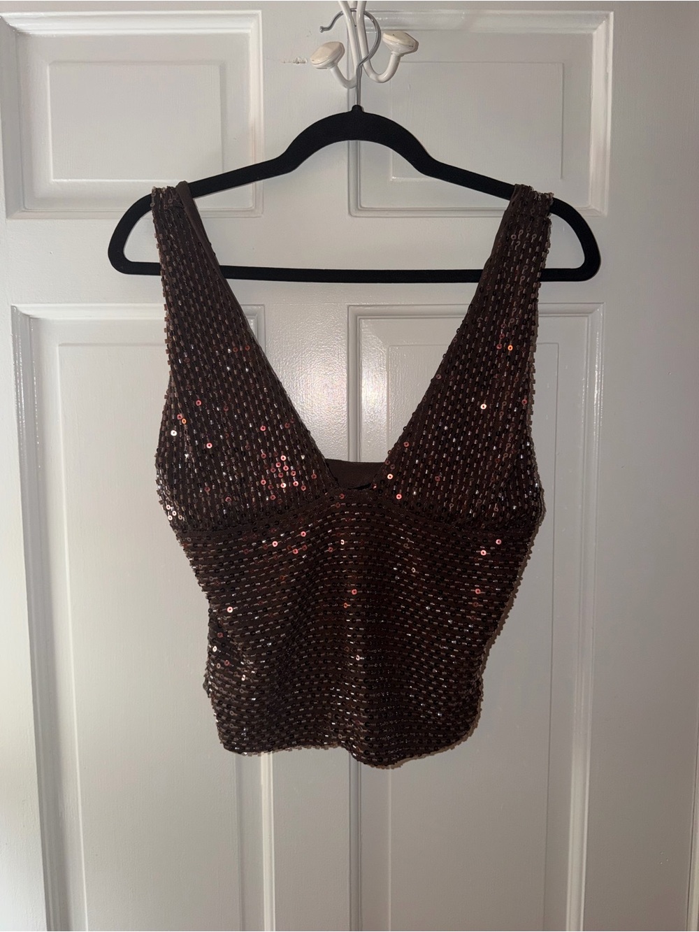 White Fox Brown Sequin V-Neck Women's Tank Top
